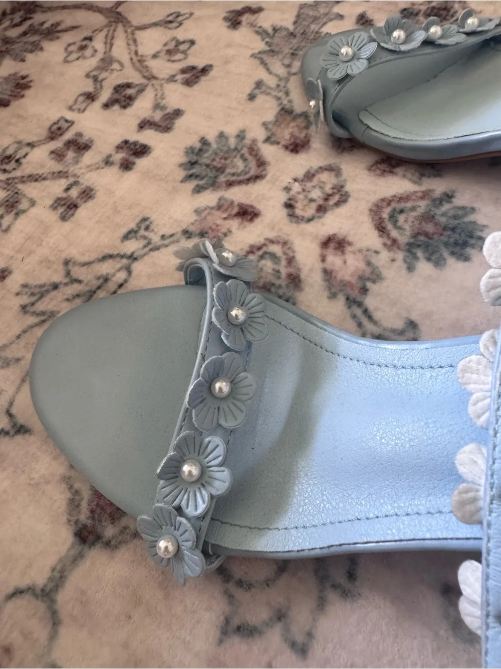 Light Blue Floral Pearl Ankle-Strap Block Heels